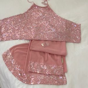 Amazing Knitt pink beaded 2 pc set , blouse and shawl, extra beads included ,